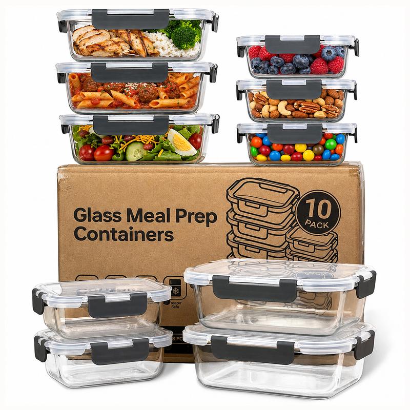 Glass Food Storage Containers — 10 Bowls with Airtight Lids