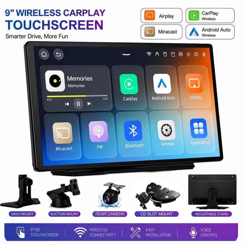 9-Inch Wireless CarPlay Screen — Android Auto & Rear Camera